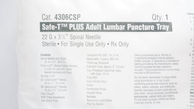 CareFusion 4306CSP Safe-T Plus Adult Lumbar Puncture Tray Ndle 22Gx3-1/2 inch(x)
